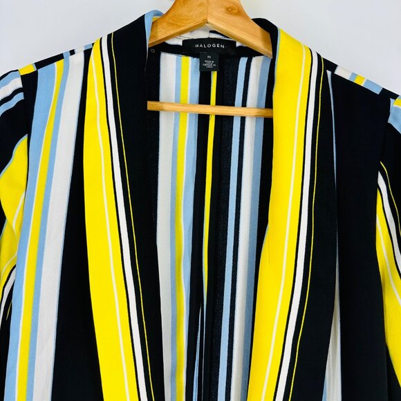 Halogen Blue Yellow Striped Shawl Neck Long Sleeve Tie Waist Pocket Blazer M - Picture 10 of 10